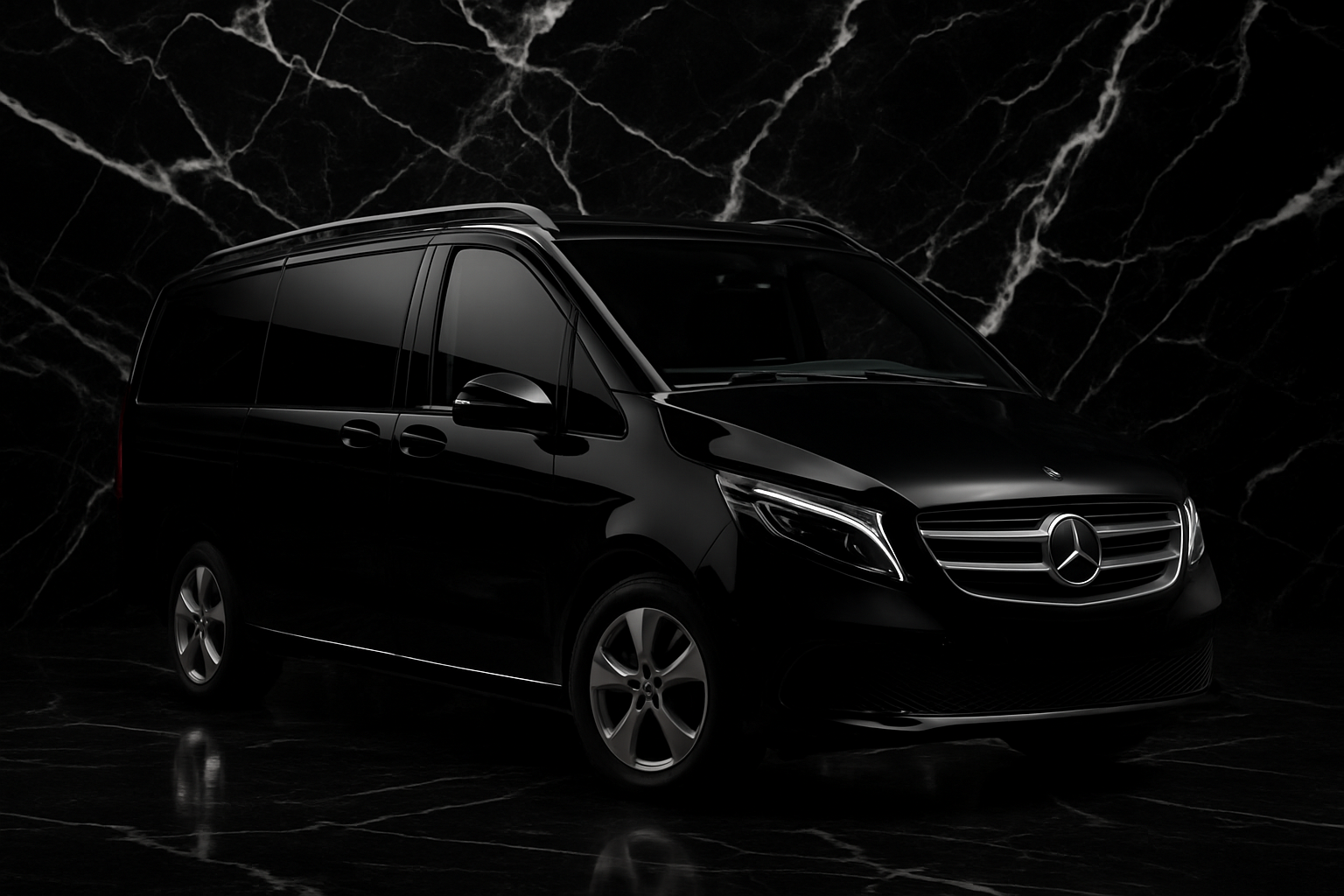 genera un immagine simile alla precedente. un mercedes nero classe v e tutto lo sfondo in marmo nero e bianco lucdo elegante