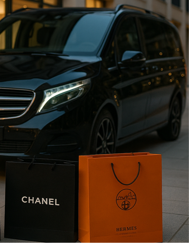 immagine di shopping di lusso con sacchetti di marca in primo piano e mercedes classe v sullo sfondo