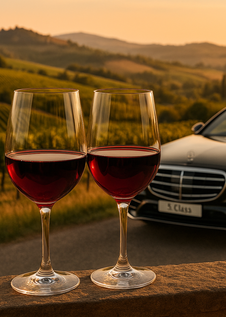 immagine di una mercedes classe s sullo sfondo e due bicchieri di vino in primo piano, nello sfondo campagna e vigneti