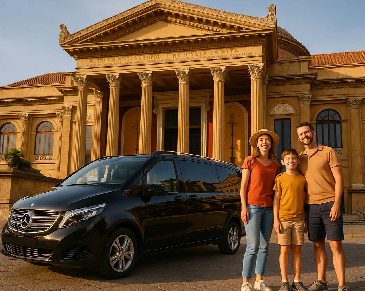 Mercedes Classe V con famiglia turisti al Teatro Massimo